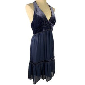 Medium BCBG Max Azria Purple Navy Halter Style Velvet Dress Silk Blend